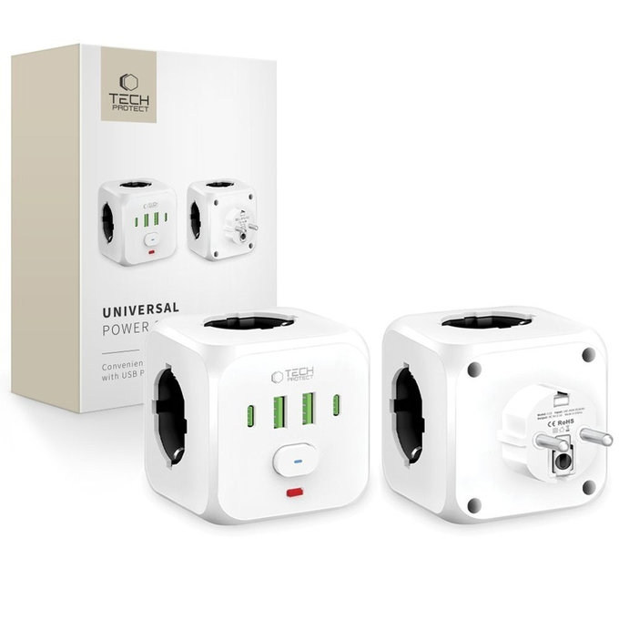 Ładowarka sieciowa PCL3X4 Power Socket 2 USB & 2 USB-C & 3 Socket, biała, Tech-Protect
