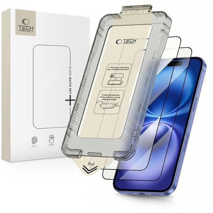 Szkło hartowane Quick Set+ 2-PACK do iPhone 15 / 16, czarna, Tech-Protect