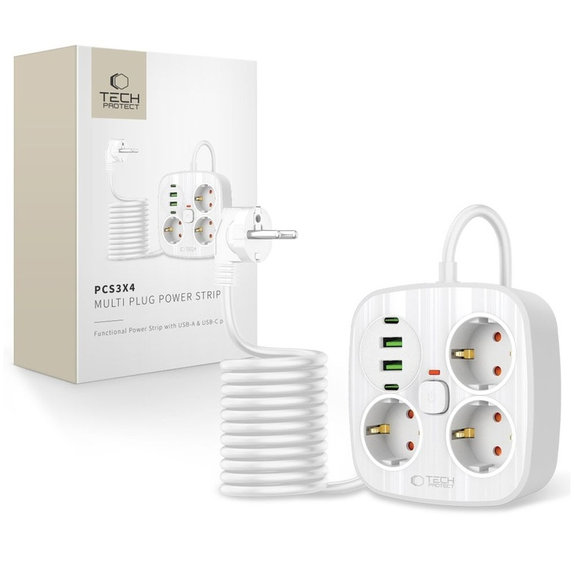 Ładowarka sieciowa PCS3X4 Power Strip 2 USB & 2 USB-C & 3 Socket 200cm, biała, Tech-Protect