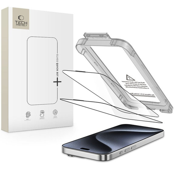 Szkło hartowane Quick Set+ 2-PACK do iPhone 15 Pro, czarna, Tech-Protect
