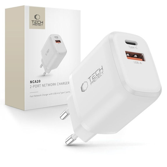Ładowarka sieciowa NCA20 2-PORT PD 20W / QC3.0, biała, Tech-Protect
