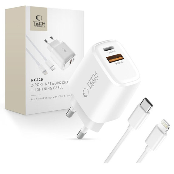 Ładowarka sieciowa NCA20 2-PORT PD 20W / QC3.0 + Lightning Cable, biała, Tech-Protect