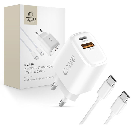 Ładowarka sieciowa NCA20 2-PORT PD 20W / QC3.0 + USB-C Cable, biała, Tech-Protect