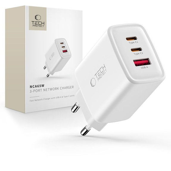 Ładowarka sieciowa NCA65W-GAN 3-PORT PD 65W / QC3.0, biała, Tech-Protect