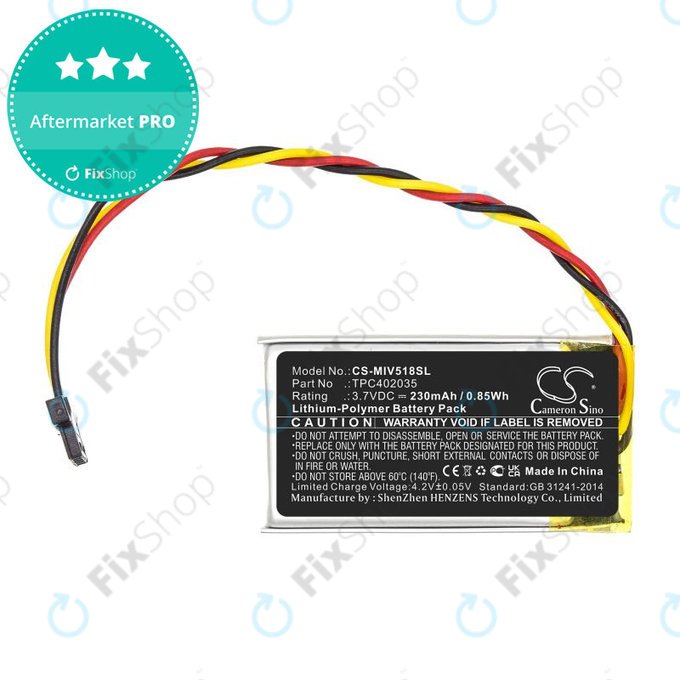 Bateria do Mio MiVue 508, 518, 528, 538, 608, 618, 792, 230mAh, Li-Pol, 3.7V, TPC402035, HQ