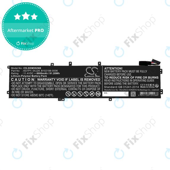 Bateria do Dell XPS 15, Dell Precision 9560, 9570, 8000mAh, Li-Pol, 11.4V, 6GTPY, HQ