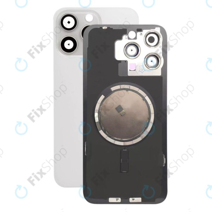 Tylne szkło obudowy z obiektywem aparatu, metalową płytką i magnesami Magsafe do iPhone 15 Pro Max, White Titanium