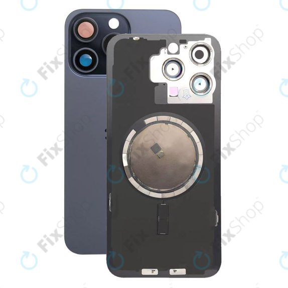 Szkło tylne do iPhone 15 Pro Max, soczewka aparatu, metalowa płyta i magnes MagSafe, Niebieski Tytan