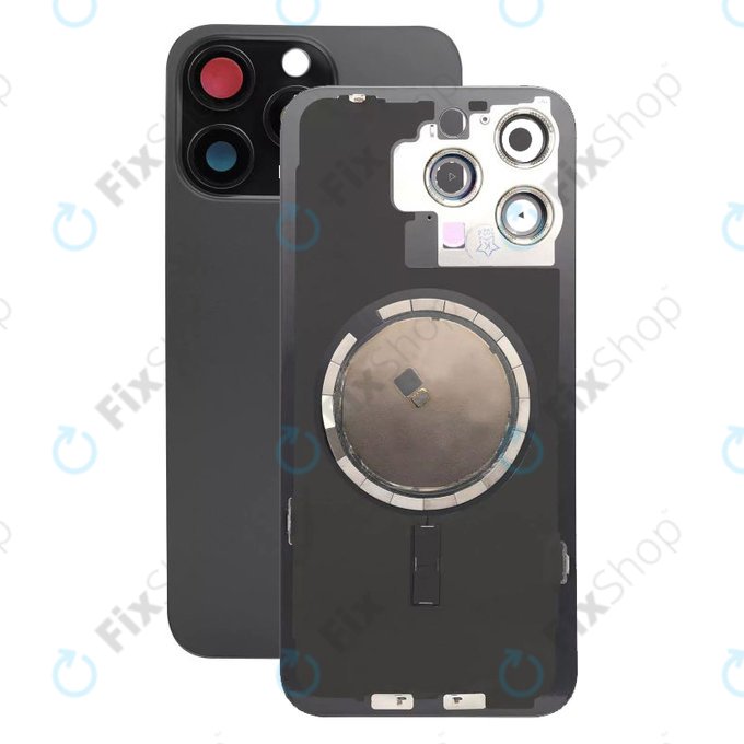 Tylne szkło obudowy z obiektywem aparatu, metalową płytką i magnesami Magsafe do iPhone 15 Pro Max, Black Titanium