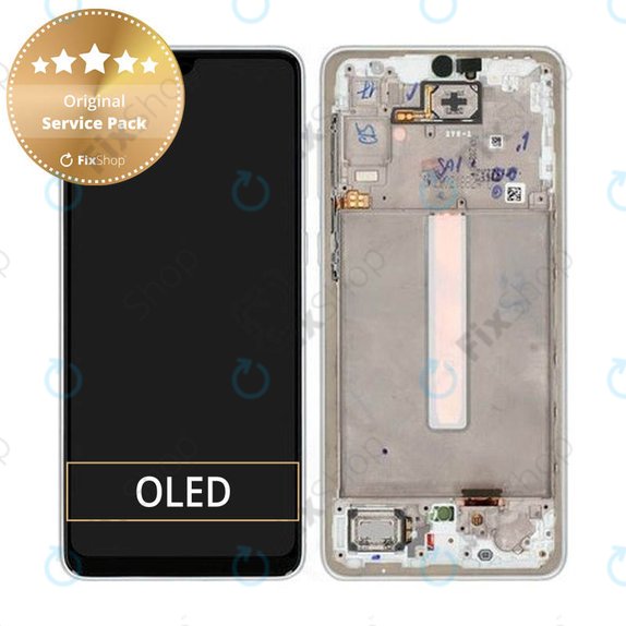 Wyświetlacz do Samsung A33 5G A336B, Ekran dotykowy z ramką, GH82-28143B, GH82-28144B, Awesome White, Genuine Service Pack