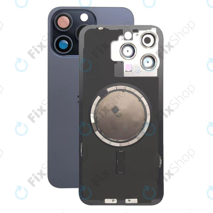 Szkło tylne do iPhone 15 Pro Max, soczewka aparatu, metalowa płyta i magnes MagSafe, Niebieski Tytan