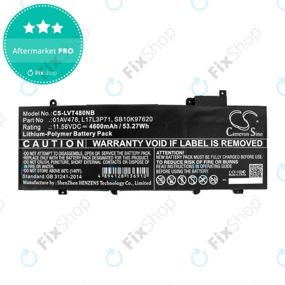Bateria do Lenovo ThinkPad T480S, 4600mAh, Li-Pol, 11.58V, 01AV478, HQ