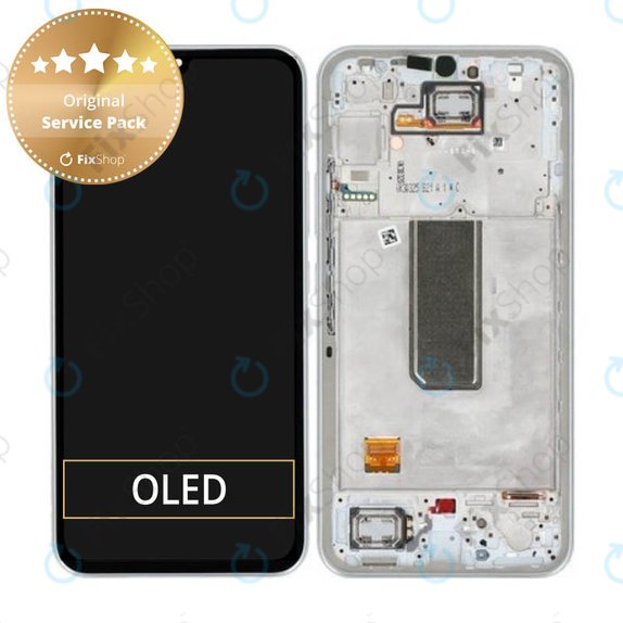 Wyświetlacz do Samsung A34 5G A346B, Ekran dotykowy z ramką, GH82-31200B, GH82-31201B, Srebrny, Silver, Genuine Service Pack